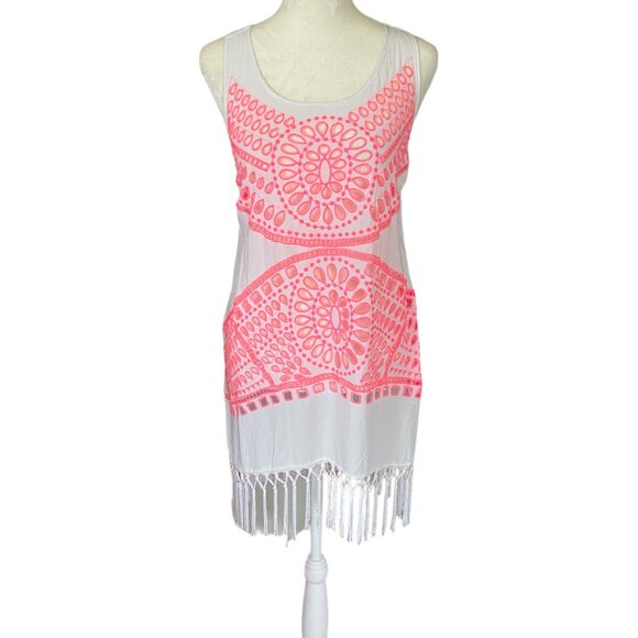 Solitaire Swim women's small pink and white racerback fringed swimsuit cover-up - Picture 3 of 12